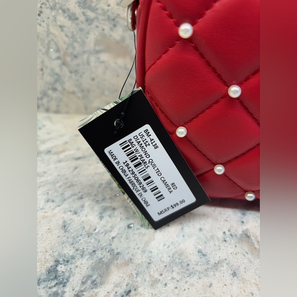 Bradley Mischka Red Diamond Quilted Accessories Crossbody Handbag W/ Pearls - Picture 4 of 6